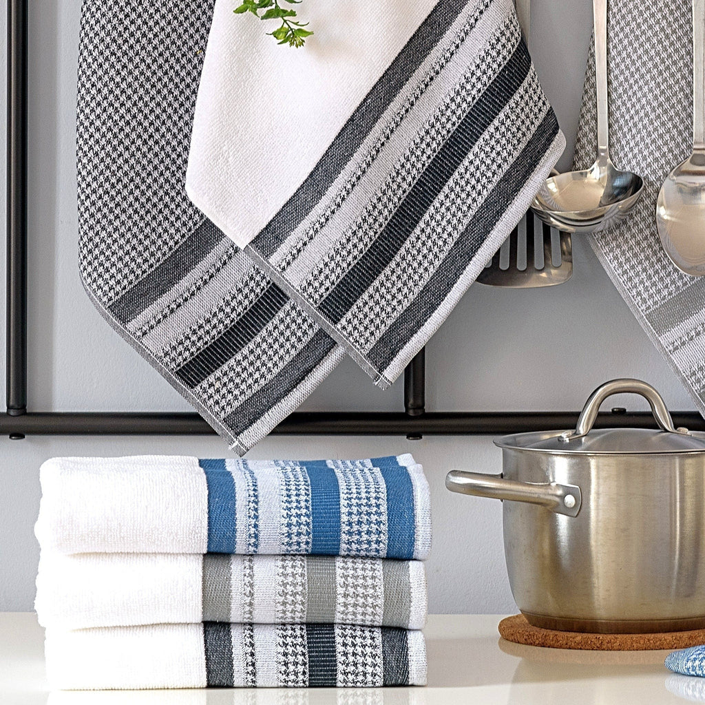 Hem And Tassel houndstooth kitchen and bath towel bundle featuring plush cotton terry in blue, grey, and white.