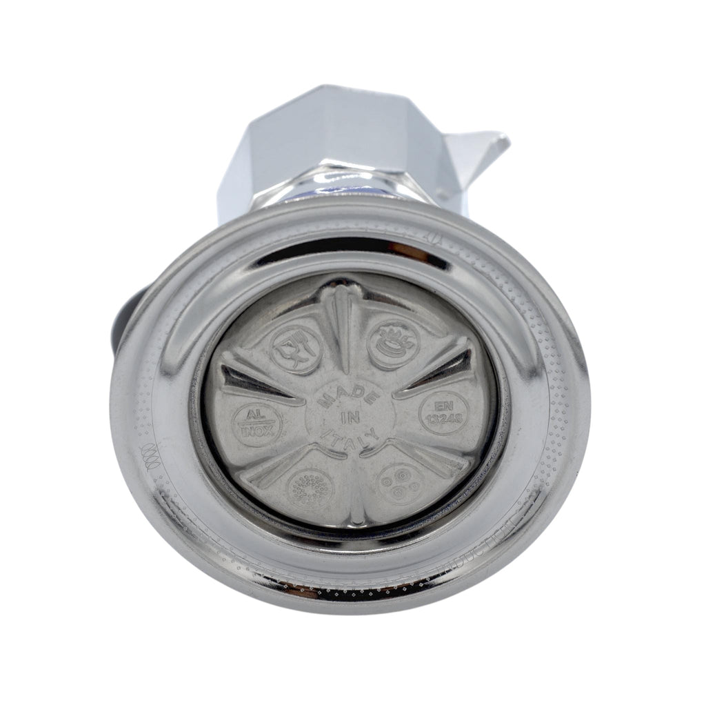 Hem And Tassel Dolce Moka pot base showing Made in Italy stamp and induction-ready steel construction