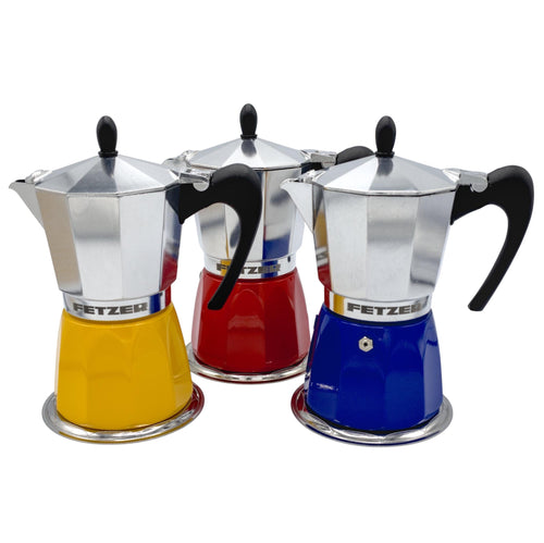 Hem And Tassel induction-ready Dolce moka pots in yellow, red, and blue with steel boilers for 6 cups of espresso