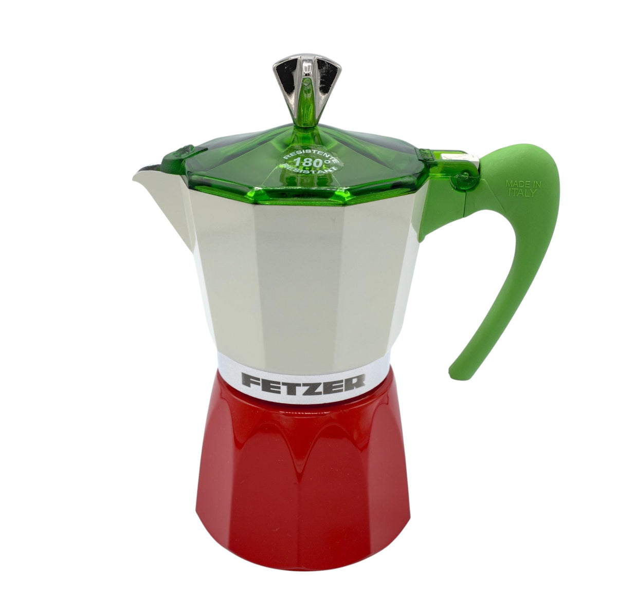 Hem And Tassel Italian flag moka pot with a red base, white body, green handle, and heat-resistant translucent lid.