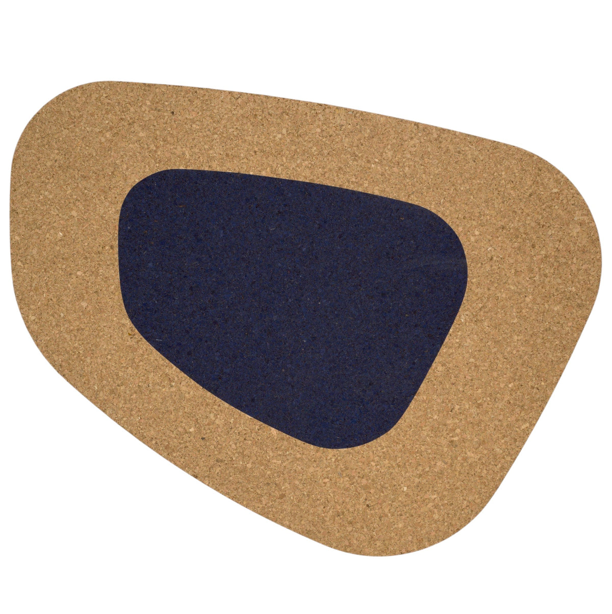 Hem And Tassel oversize kidney bean shaped natural cork placemat with a dark blue center accent