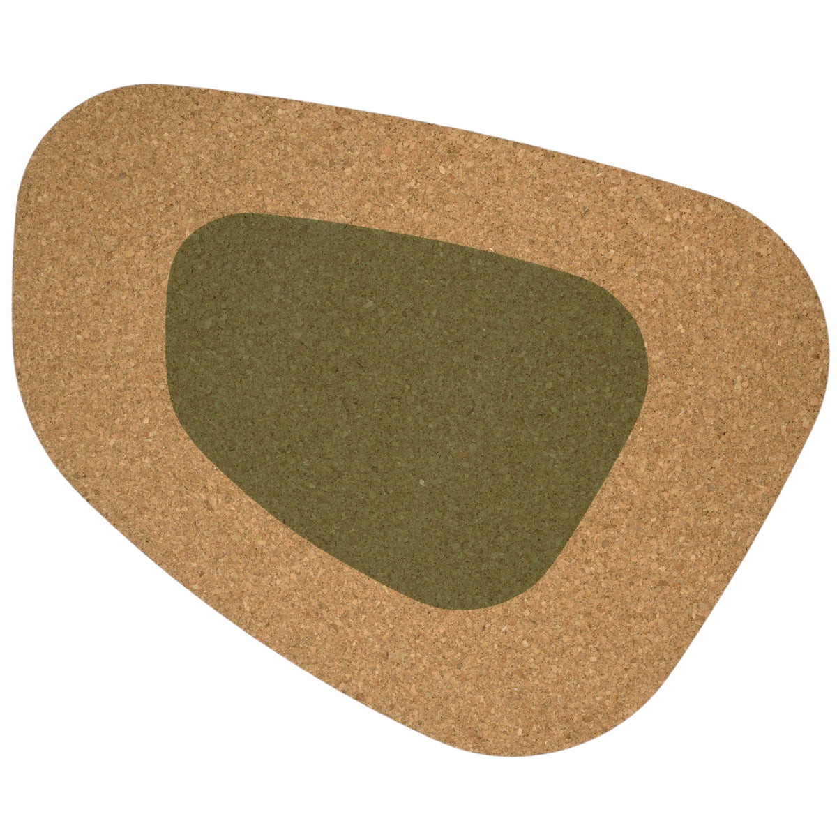 Hem And Tassel oversize kidney bean shaped natural cork placemat with a contrasting olive green center inlay.