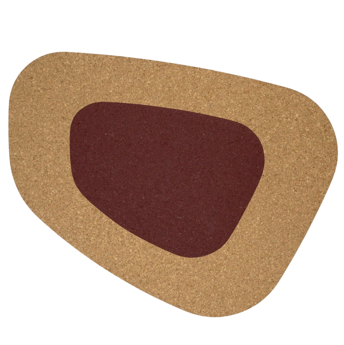 Hem And Tassel oversize kidney bean shaped natural cork placemat with a deep burgundy center accent