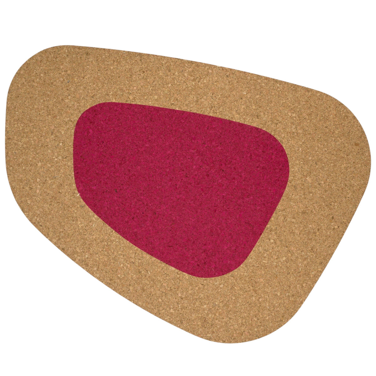 Hem And Tassel oversize kidney bean shaped natural cork placemat with a vibrant magenta center inlay