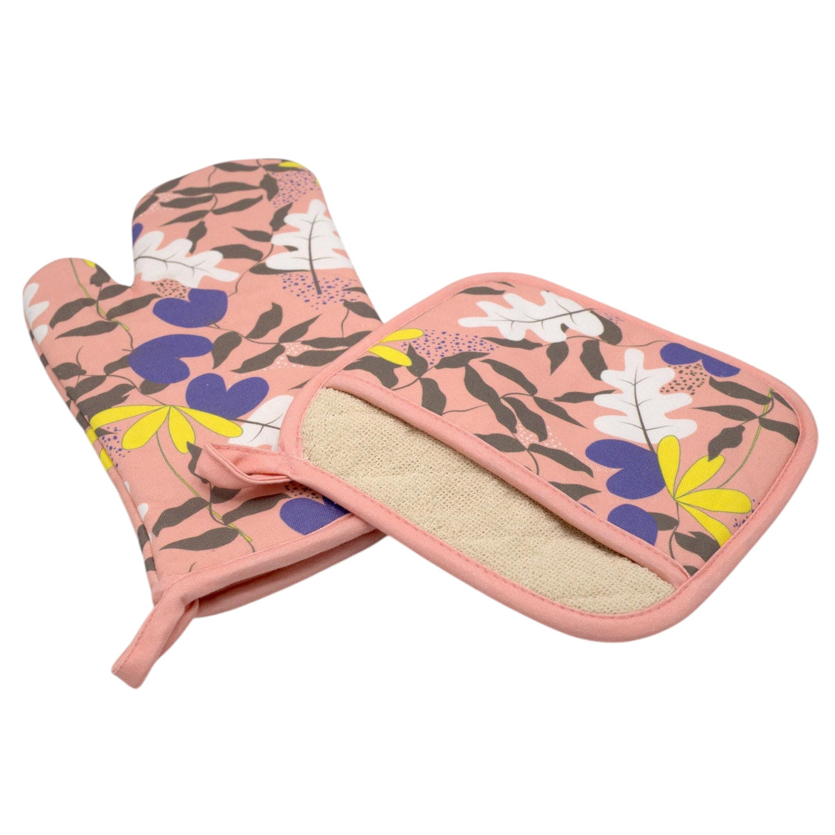 Hem And Tassel cotton oven mitt and pot holder set featuring a pink background with a colourful oak leaf pattern