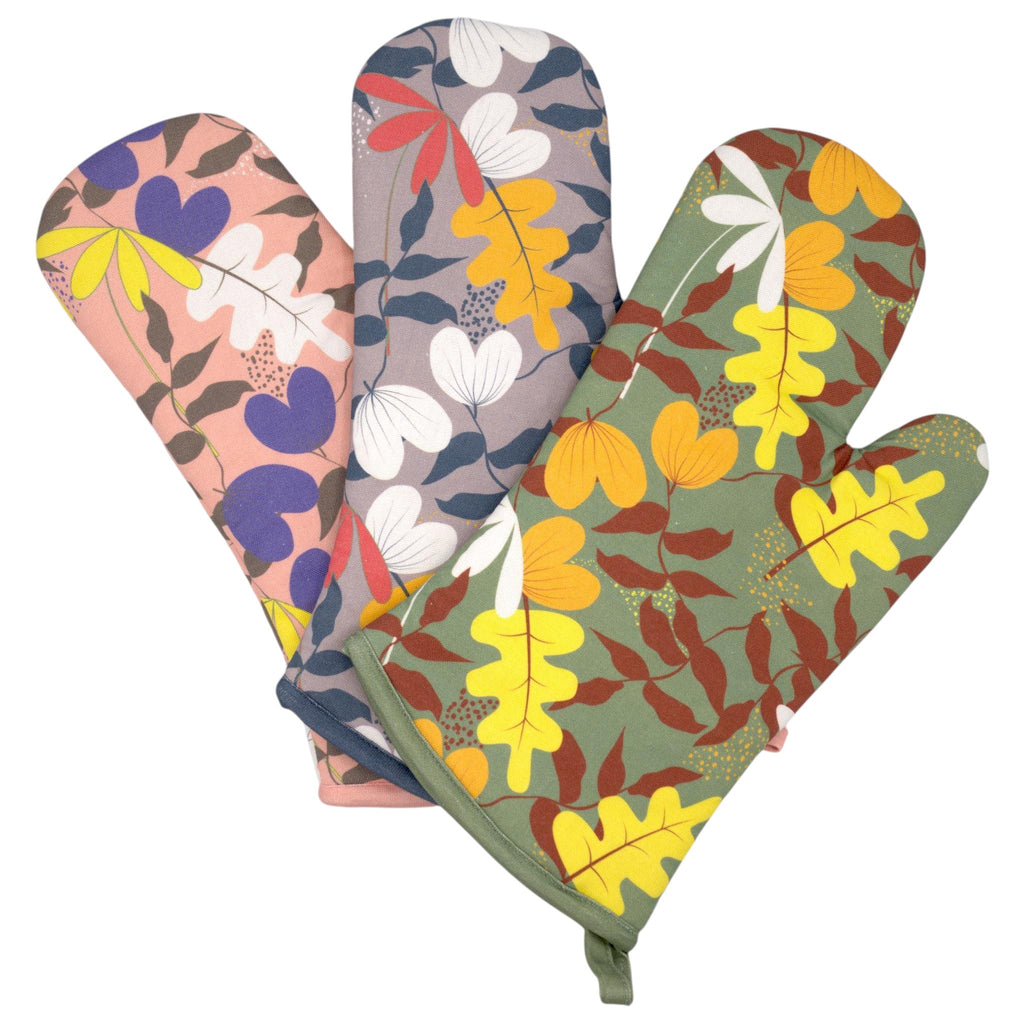 Hem And Tassel oven mitts in a set of three featuring colorful oak leaf patterns on 100% cotton quilted fabric