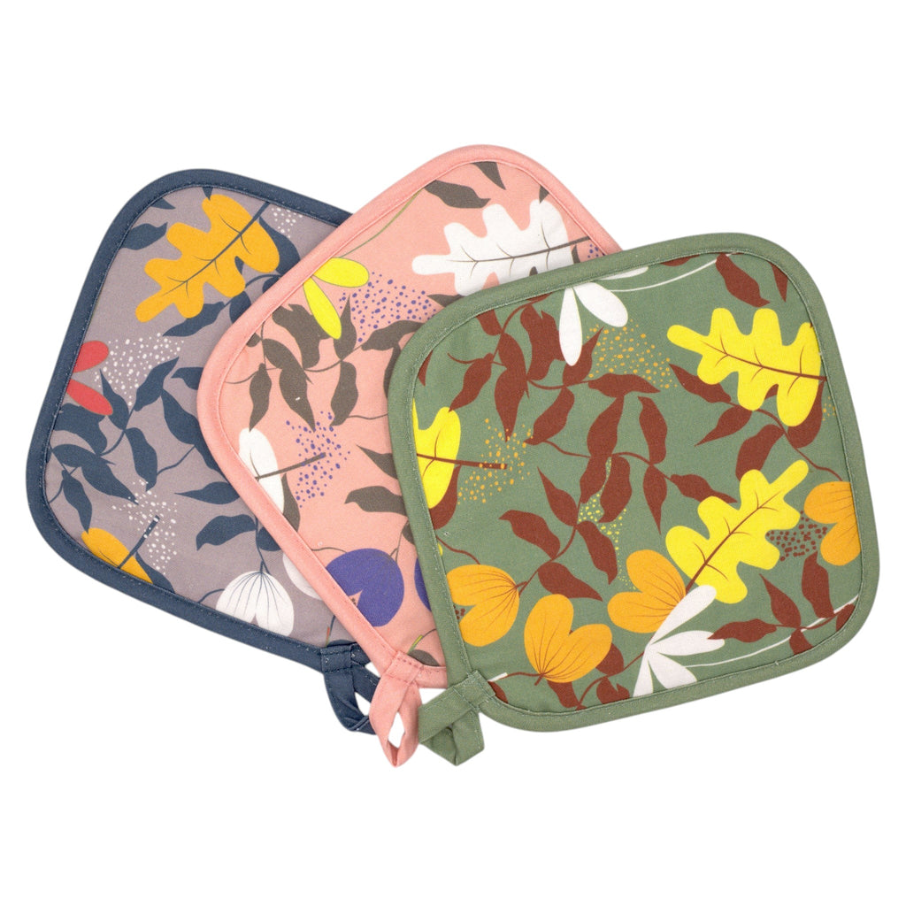 Hem And Tassel cotton pot holders with colourful oak leaf patterns in green, pink, and grey for kitchen use