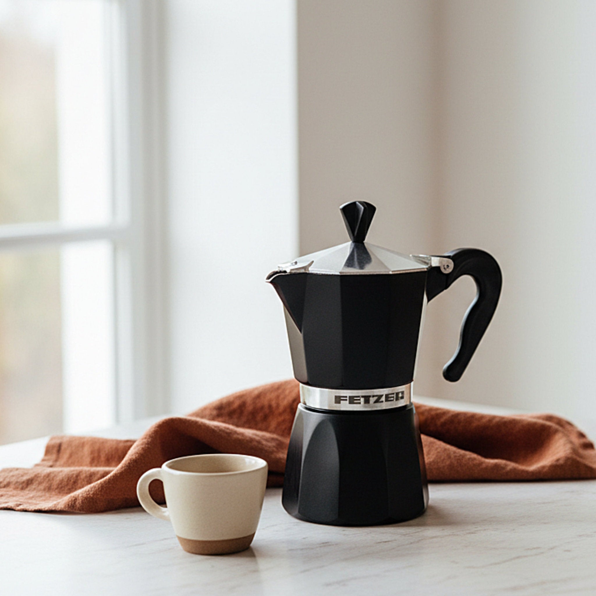 A black and silver FETZER moka pot sits on a light marble surface next to a small beige ceramic cup, with a rust-orange linen cloth draped behind it in a softly lit interior setting.