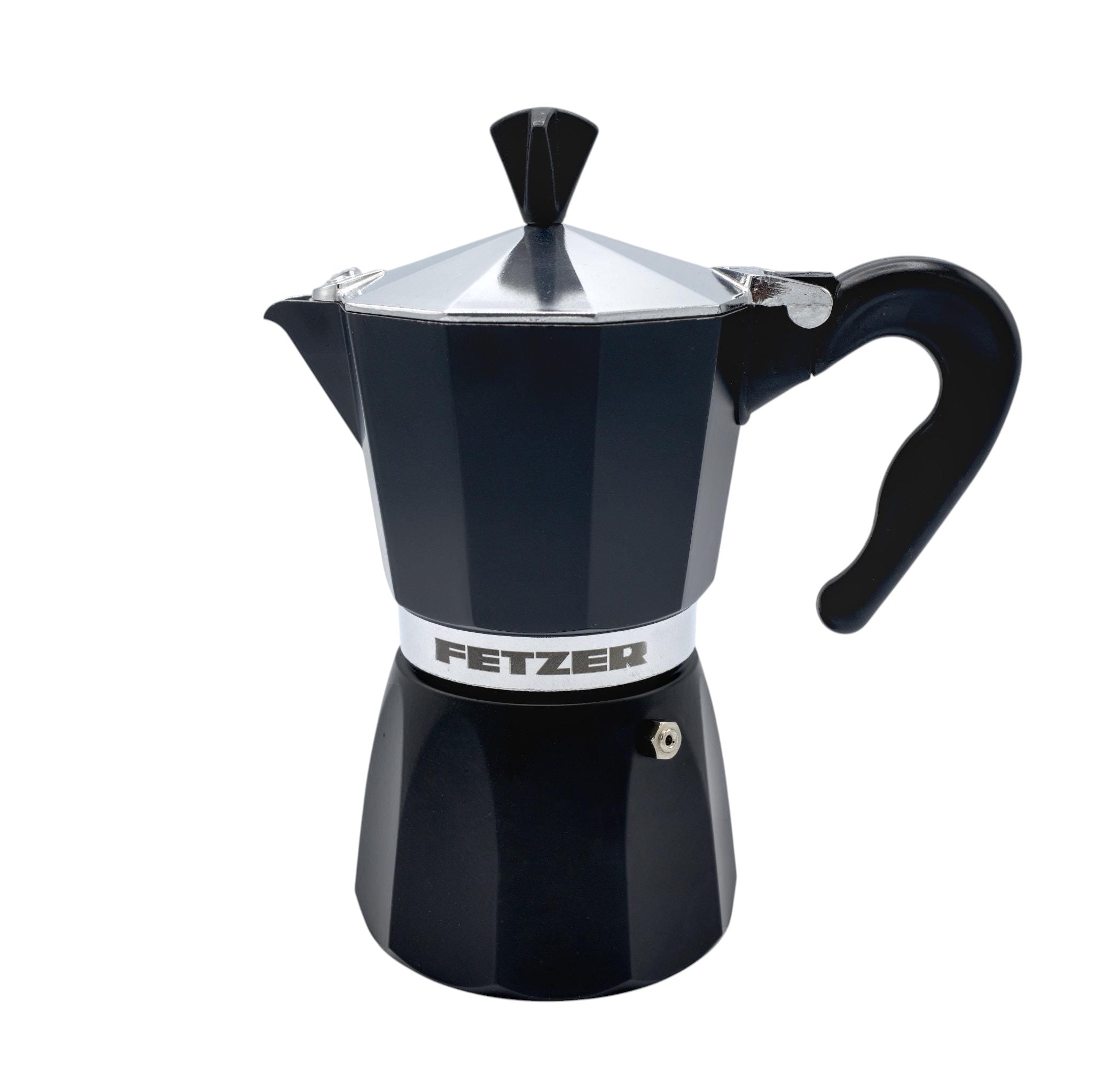 Hem And Tassel 6-cup moka pot in matt black with a silver lid and ergonomic handle for stovetop espresso brewing