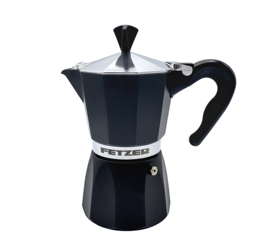 Hem And Tassel 6-cup moka pot in matt black with a silver lid and ergonomic handle for stovetop espresso brewing