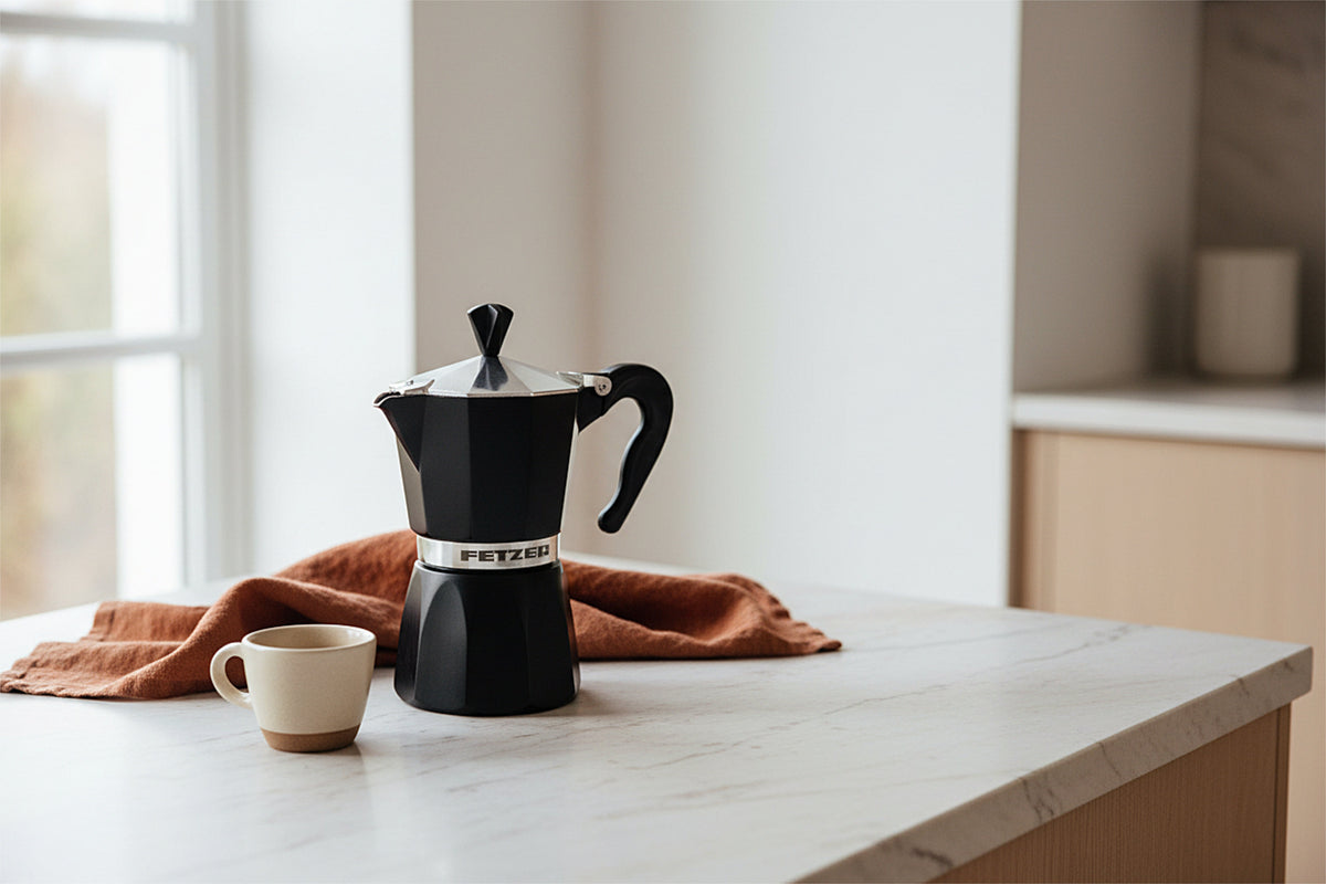 Black Stovetop Espresso Maker on a white countertop with a window in the background