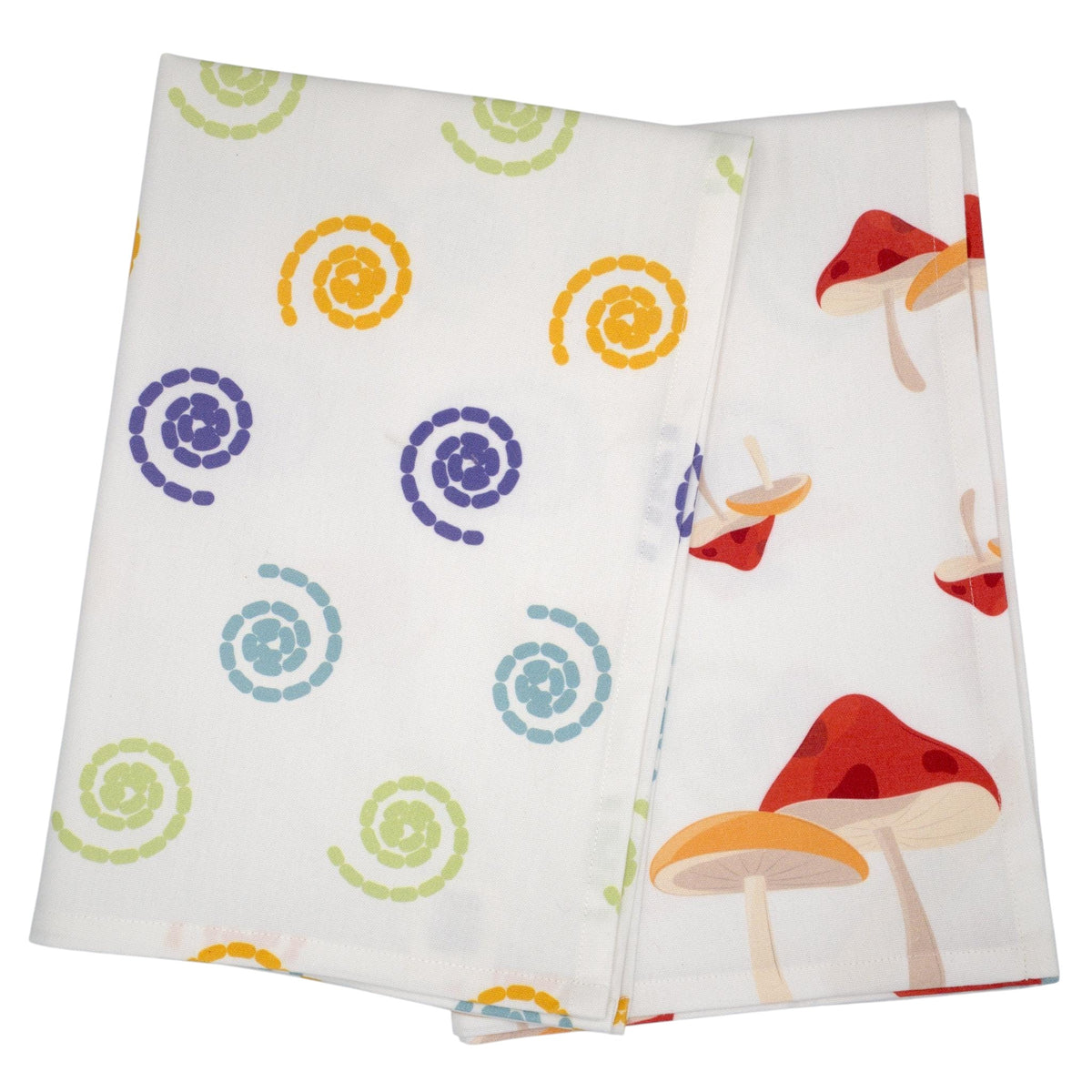Hem And Tassel cotton kitchen towels featuring retro mushroom and colorful swirl prints on white fabric
