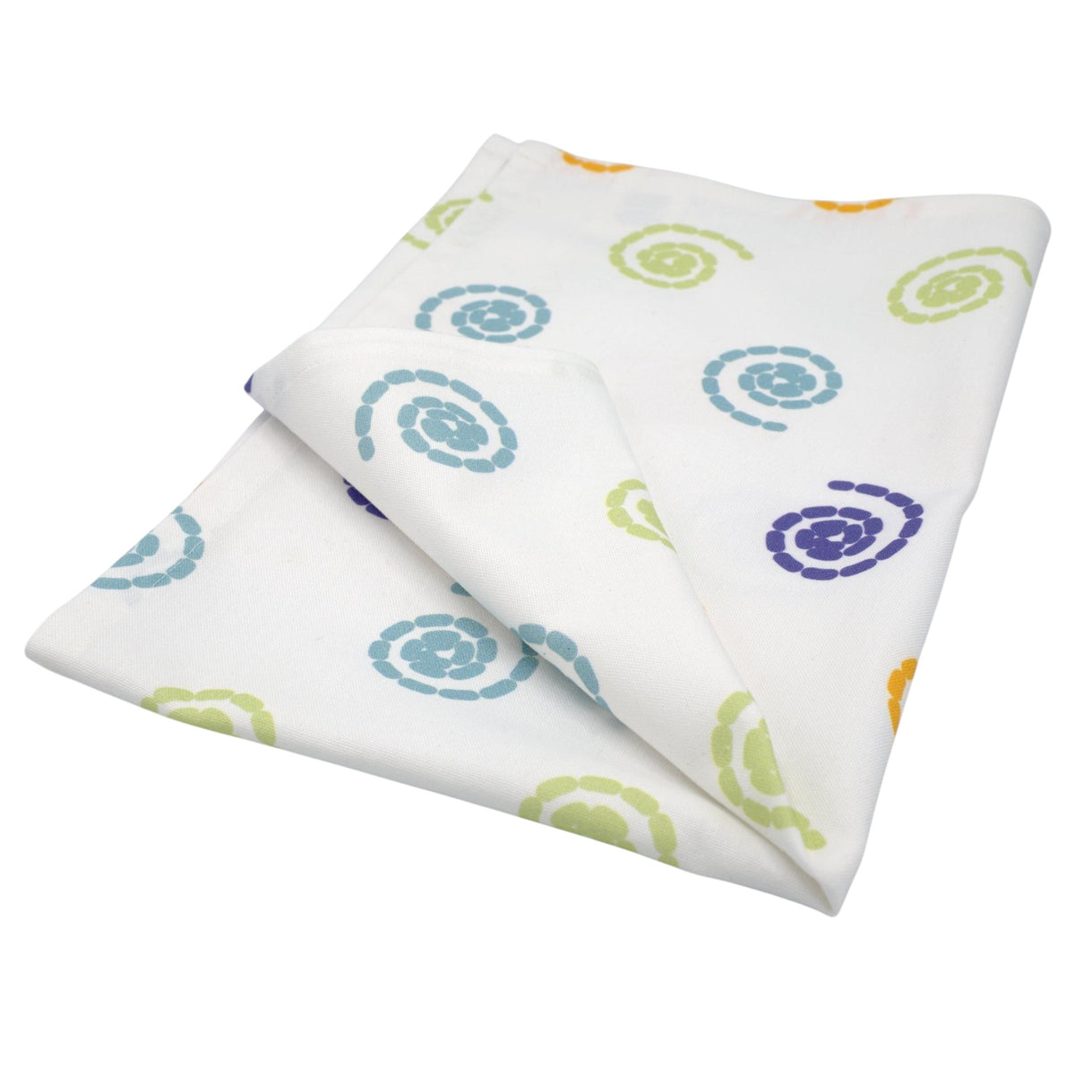Hem And Tassel cotton kitchen towel with a white base and colorful retro mushroom swirl print