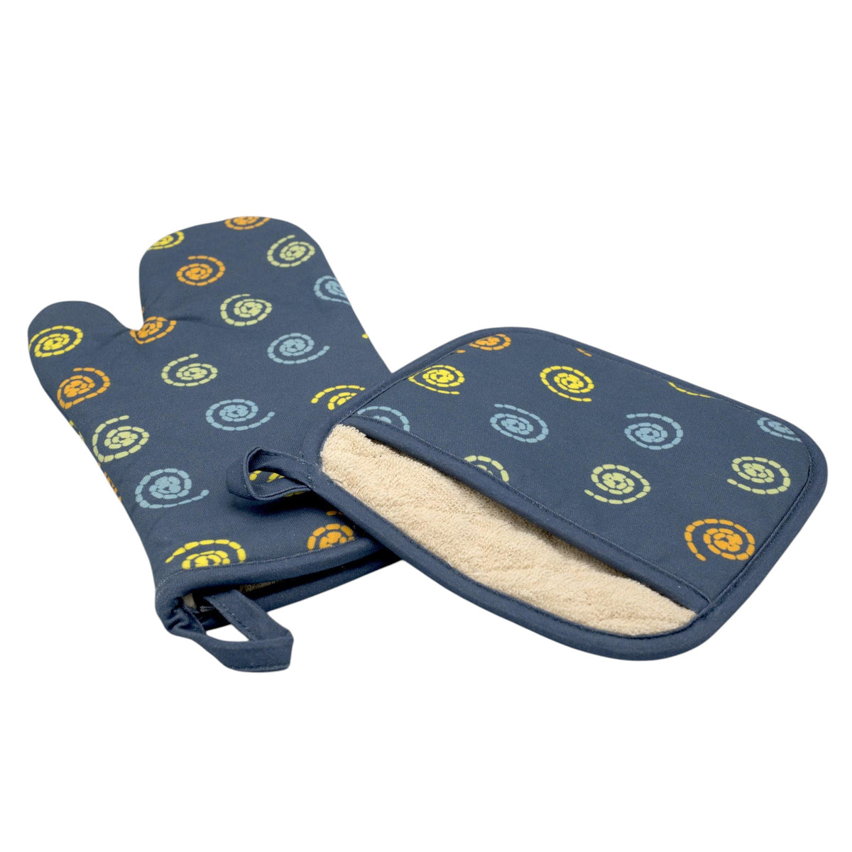 Hem And Tassel oven mitt and pot holder set in dark grey cotton with retro yellow and blue mushroom swirl pattern