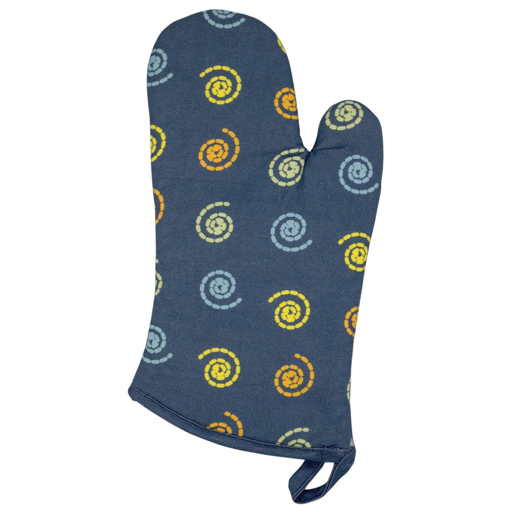 Hem And Tassel oven mitt in dark grey cotton with a retro yellow and blue mushroom swirl pattern