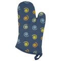 Hem And Tassel oven mitt in dark grey cotton with a retro yellow and blue mushroom swirl pattern