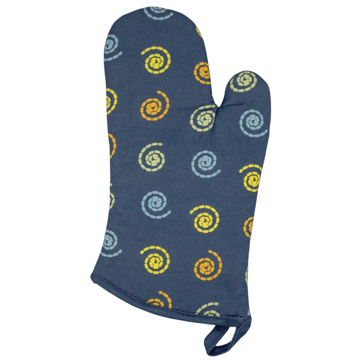 Hem And Tassel oven mitt in dark grey cotton with a retro yellow and blue mushroom swirl pattern