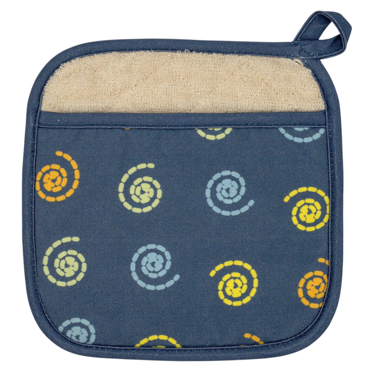 Hem And Tassel quilted cotton pot holder in navy blue with retro mushroom swirl pattern and beige pocket detail