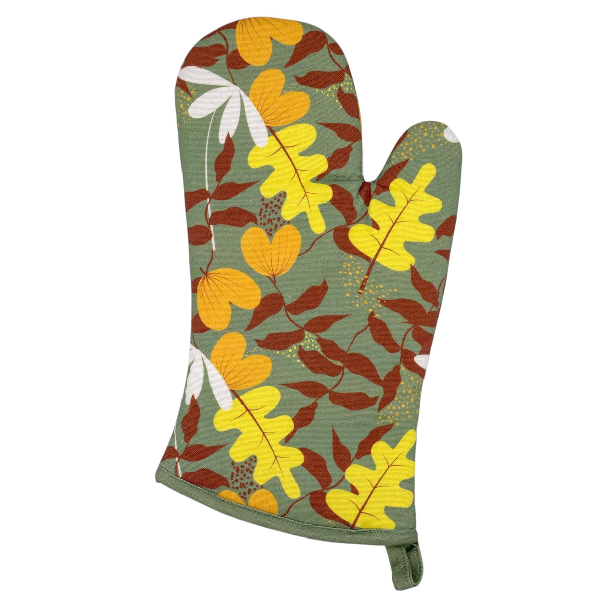 Hem And Tassel oven mitt featuring a green background with yellow and brown oak leaf patterns in 100% cotton