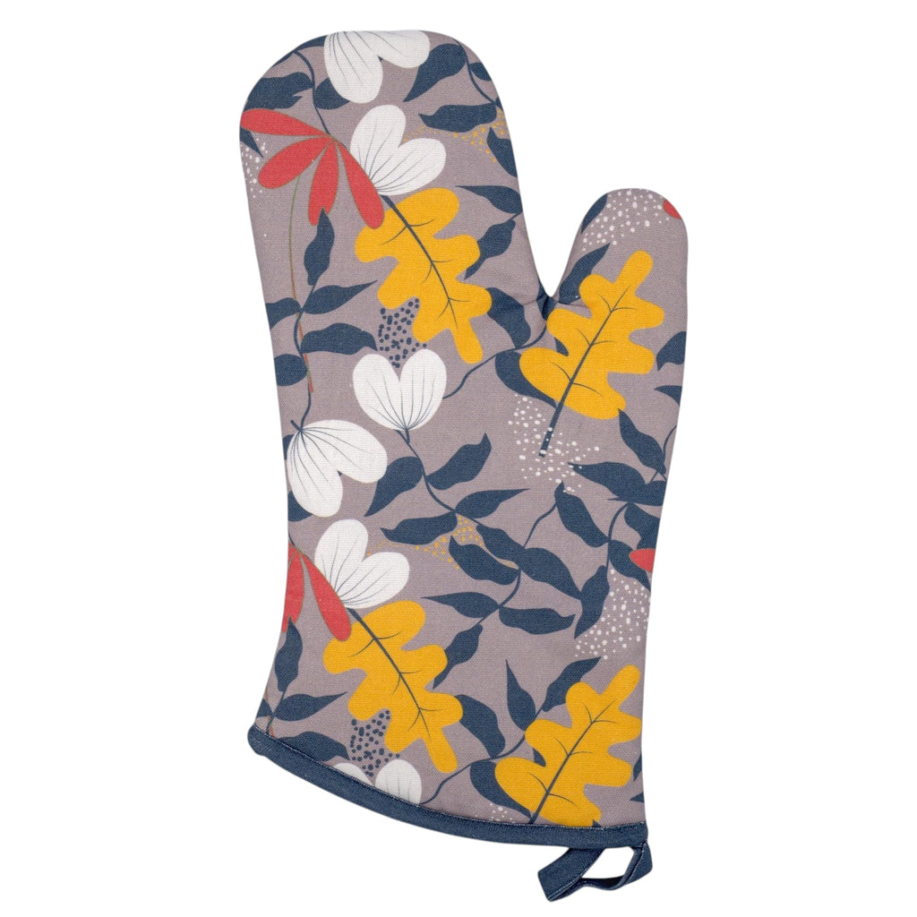 Hem And Tassel cotton oven mitt featuring a grey background with a vibrant yellow, red, and white oak leaf pattern.