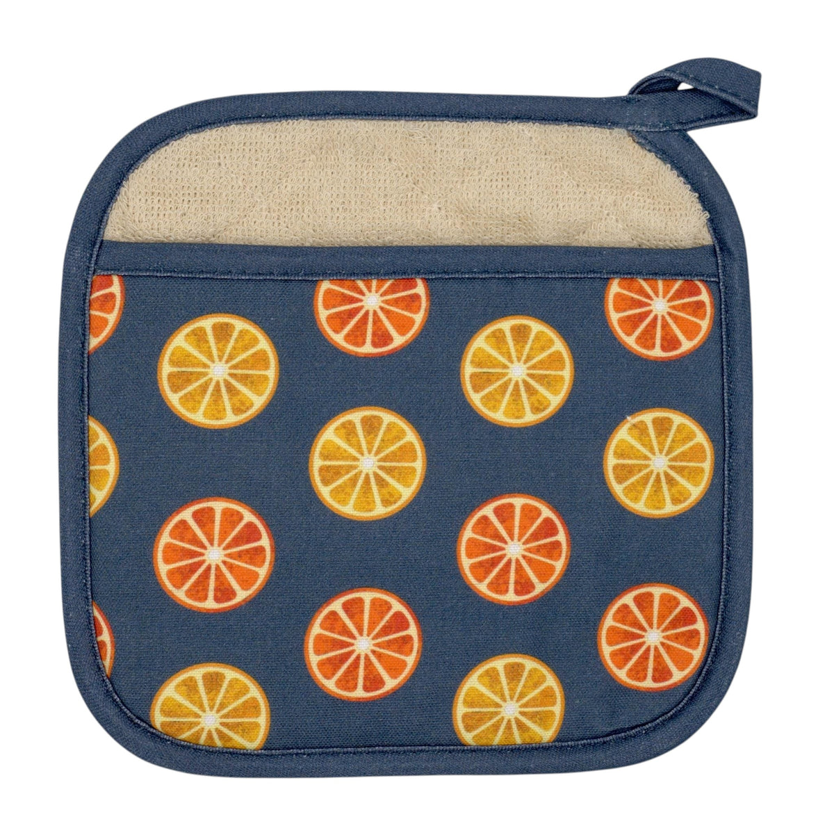 Hem And Tassel quilted cotton pot holder featuring a navy blue background with a vibrant orange citrus slice pattern