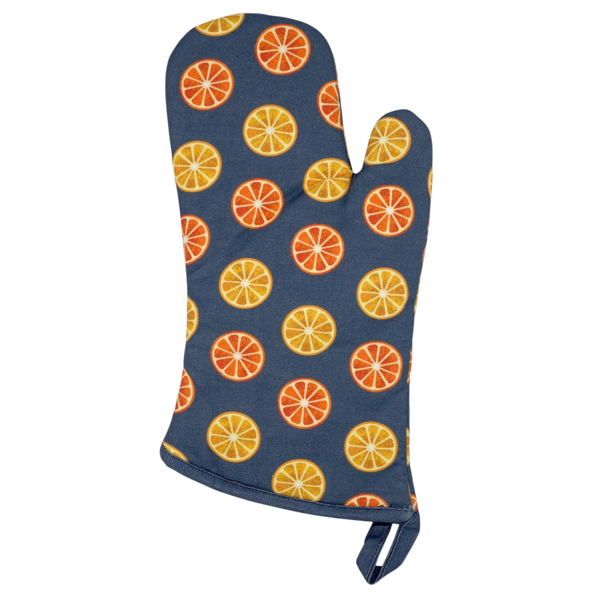 Hem And Tassel orange slice print cotton oven mitt with quilted lining and hanging loop on a white background