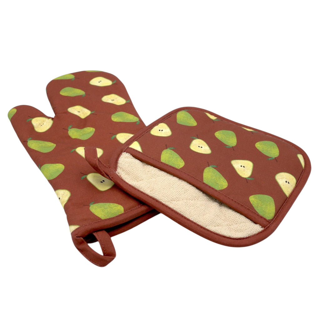 Hem And Tassel pear-patterned cotton oven mitt and pot holder set with quilted insulation in brown and green