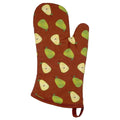 Hem And Tassel quilted cotton oven mitt in rust brown with a green pear fruit pattern and hanging loop