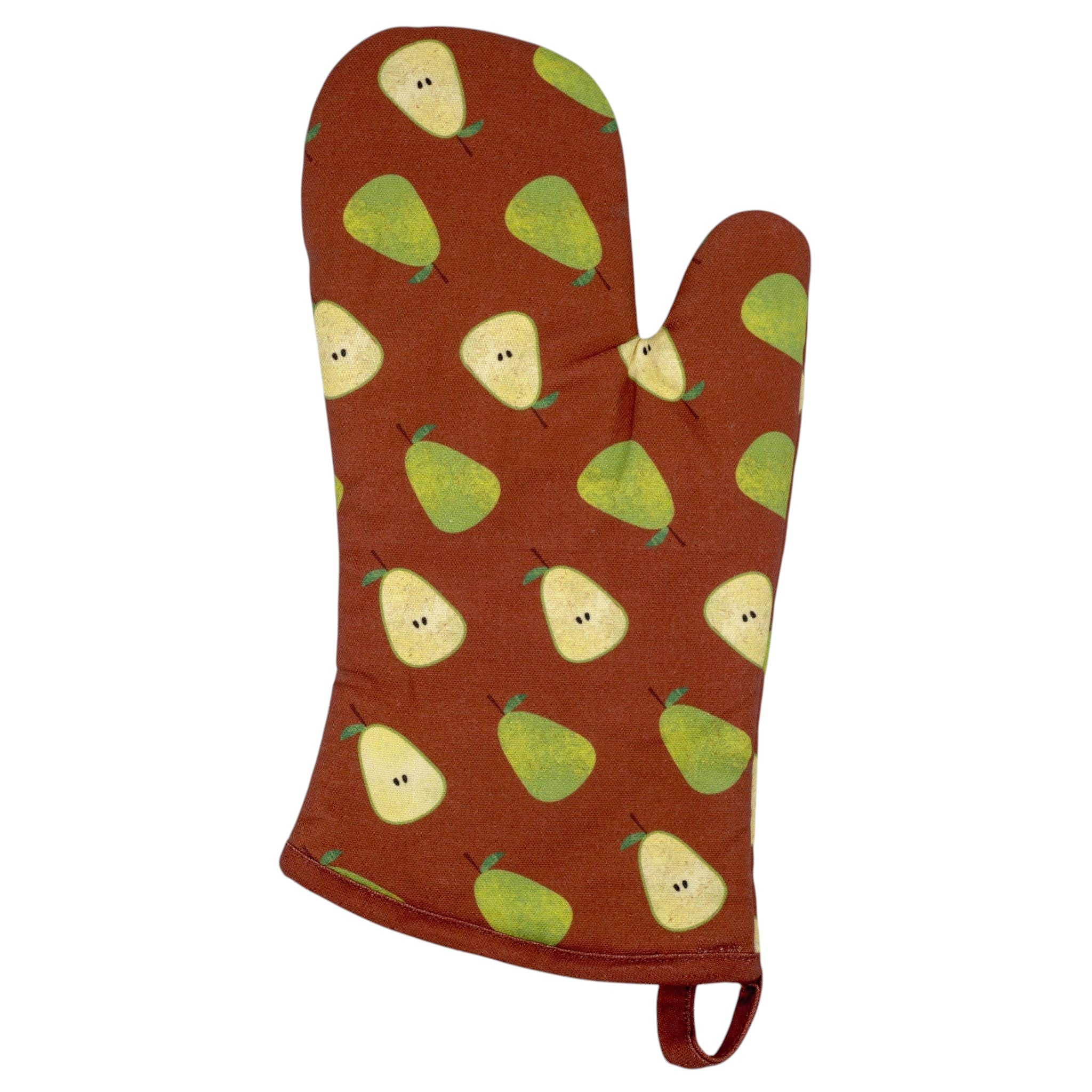 Hem And Tassel quilted cotton oven mitt in rust brown with a green pear fruit pattern and hanging loop
