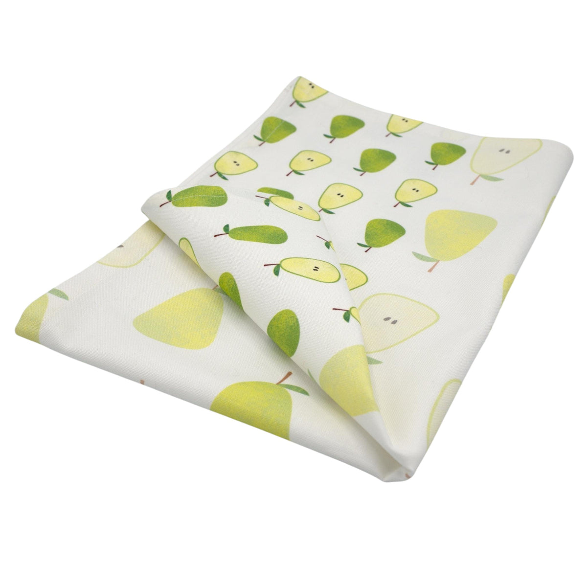 Hem And Tassel cotton kitchen towel featuring a faded pear print on a crisp white background