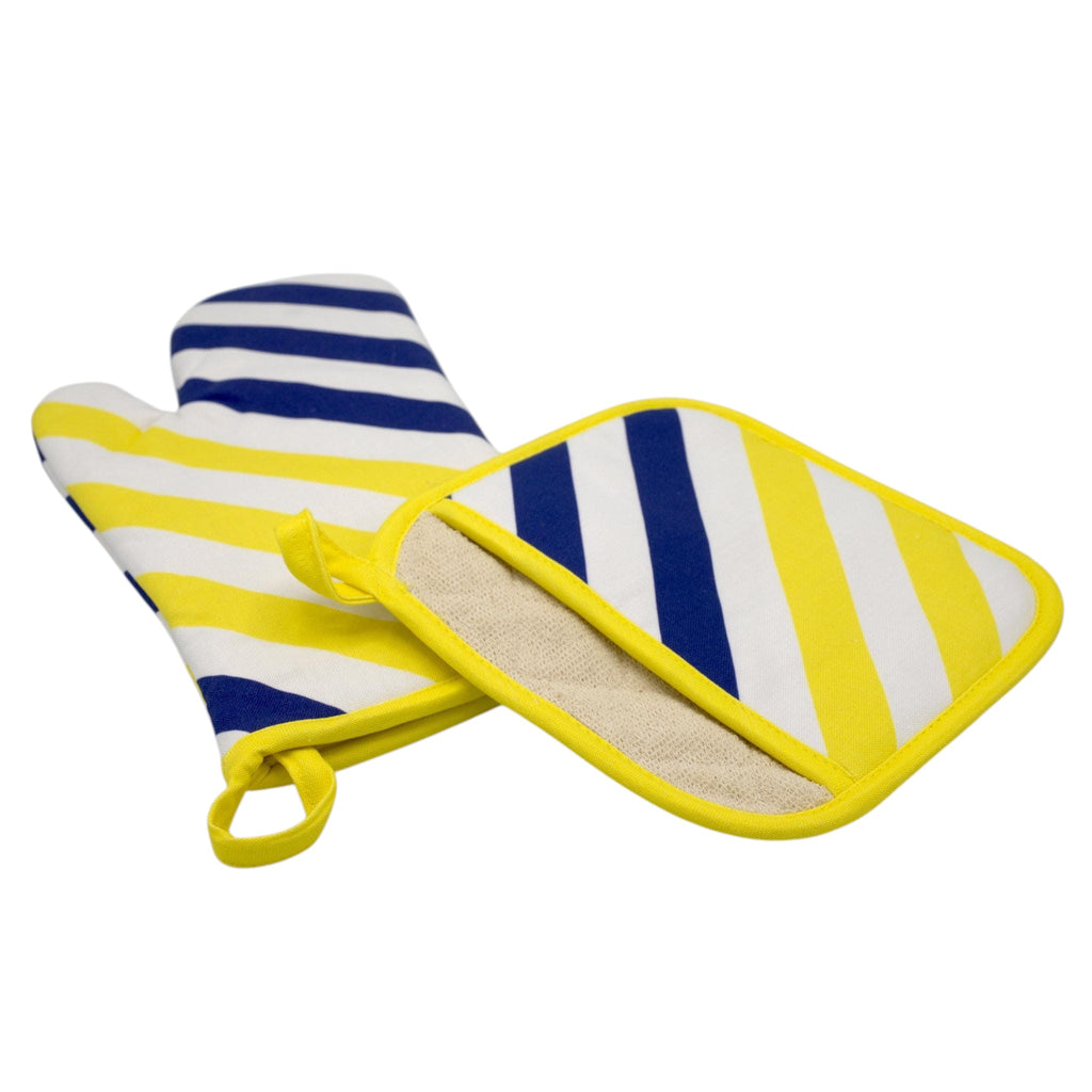 Hem And Tassel piano key oven mitt and pot holder set in yellow and blue striped cotton with quilted lining