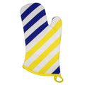 Hem And Tassel oven mitt featuring a yellow and blue diagonal piano key stripe pattern in 100% cotton