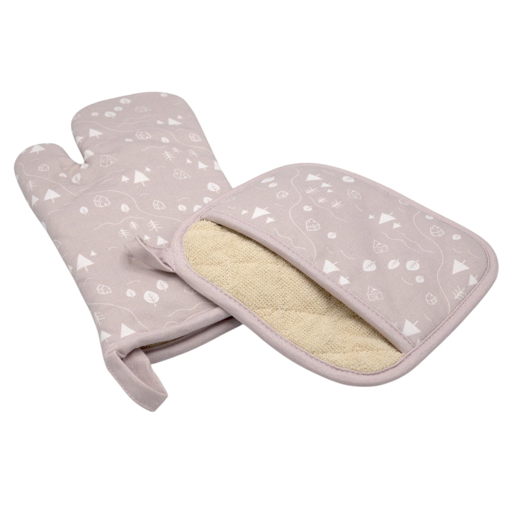 Hem And Tassel cotton oven mitt and pot holder set in dusty pink with white countryside and camping motif print