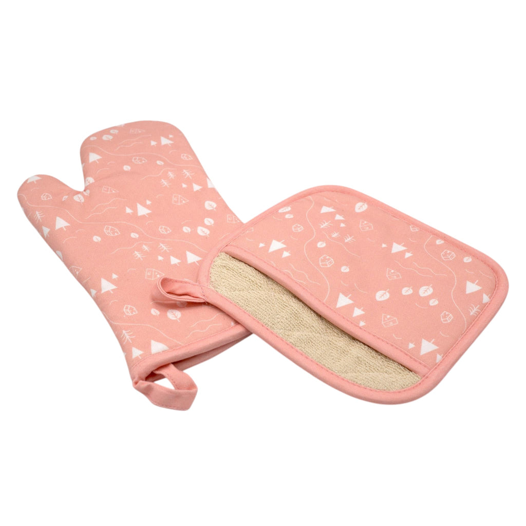 Hem And Tassel pink cotton oven mitt and pot holder set with white camping and nature motifs