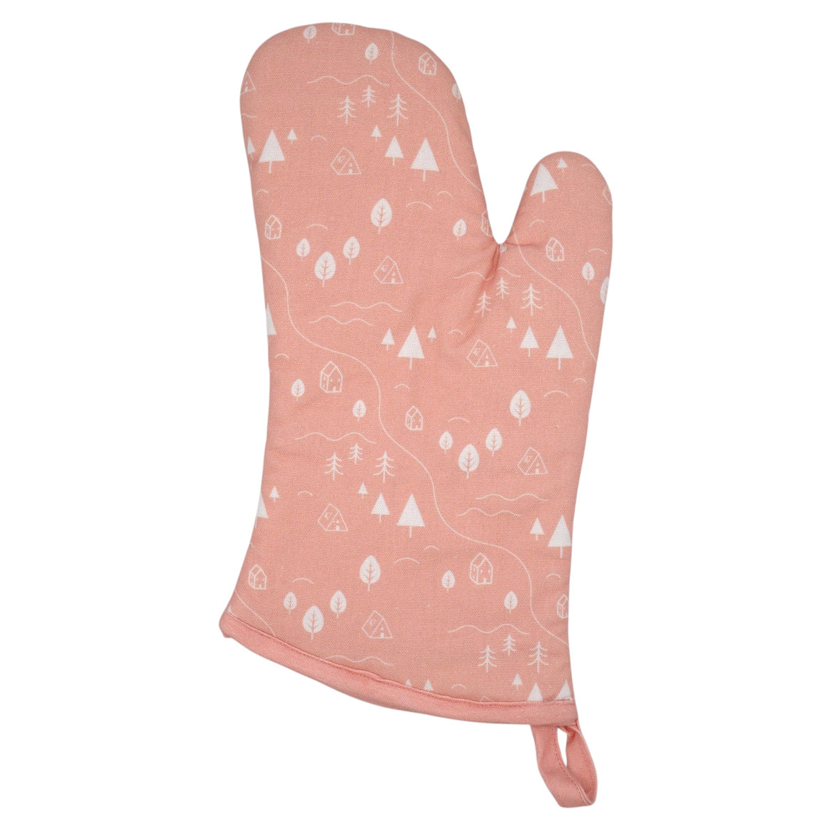 Hem And Tassel pink cotton oven mitt featuring a white countryside print with tiny trees and houses