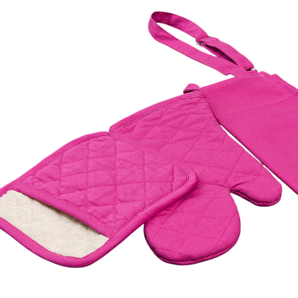 Hem And Tassel hot pink quilted cotton drill oven mitt and pot holder set for grilling