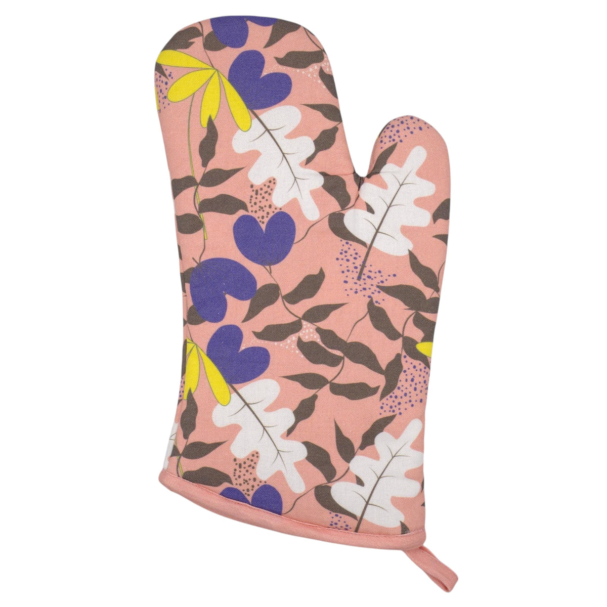 Hem And Tassel cotton oven mitt featuring a pink background with a colorful oak leaf and botanical pattern