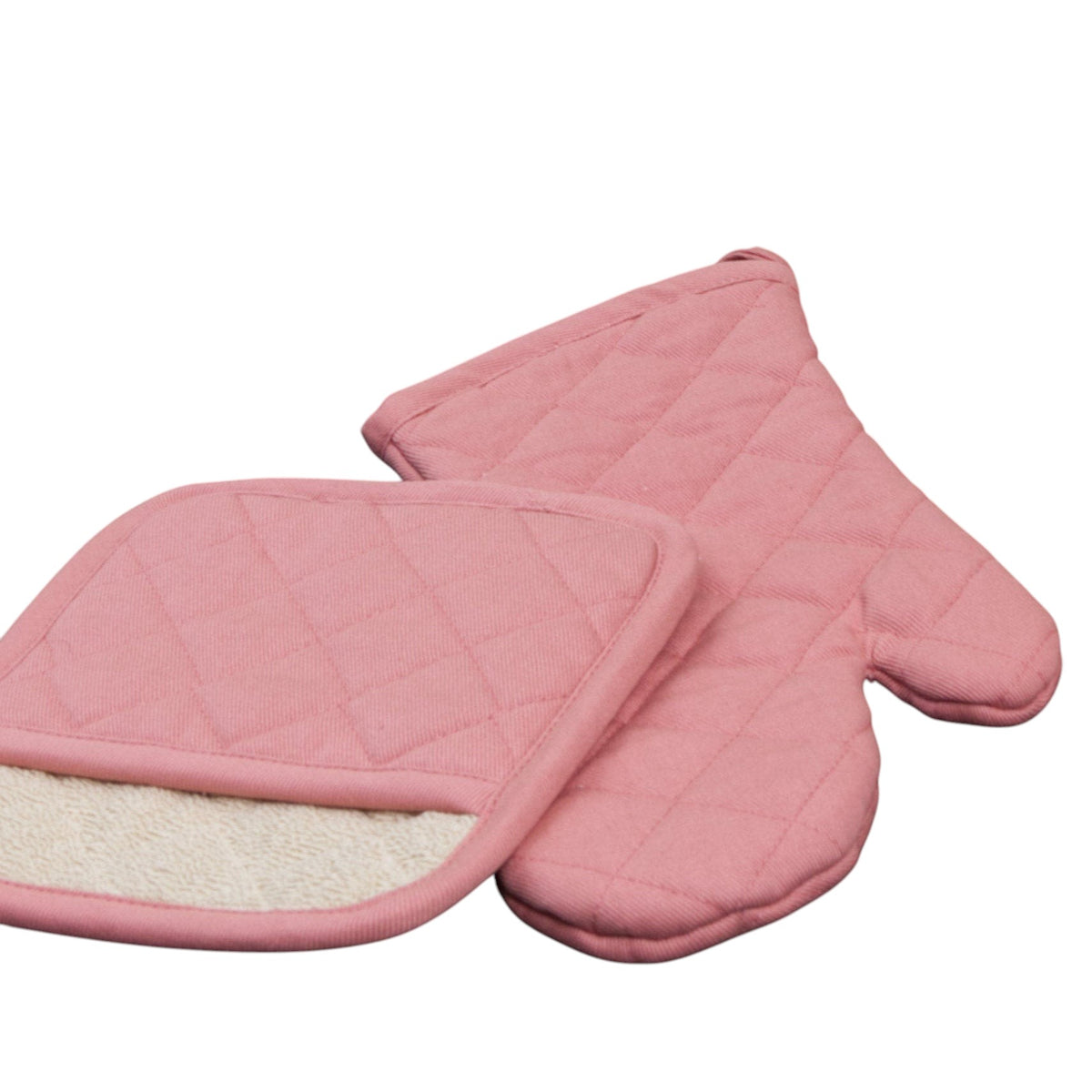 Hem And Tassel pink quilted cotton drill oven mitt and pot holder set for kitchen and grill use
