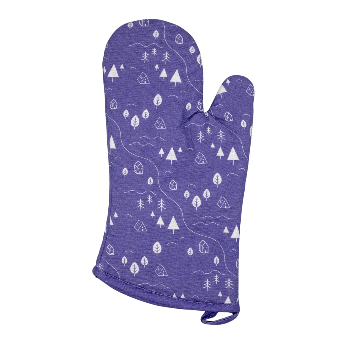 Hem And Tassel purple cotton oven mitt featuring a white countryside camping motif with trees and tiny tents.