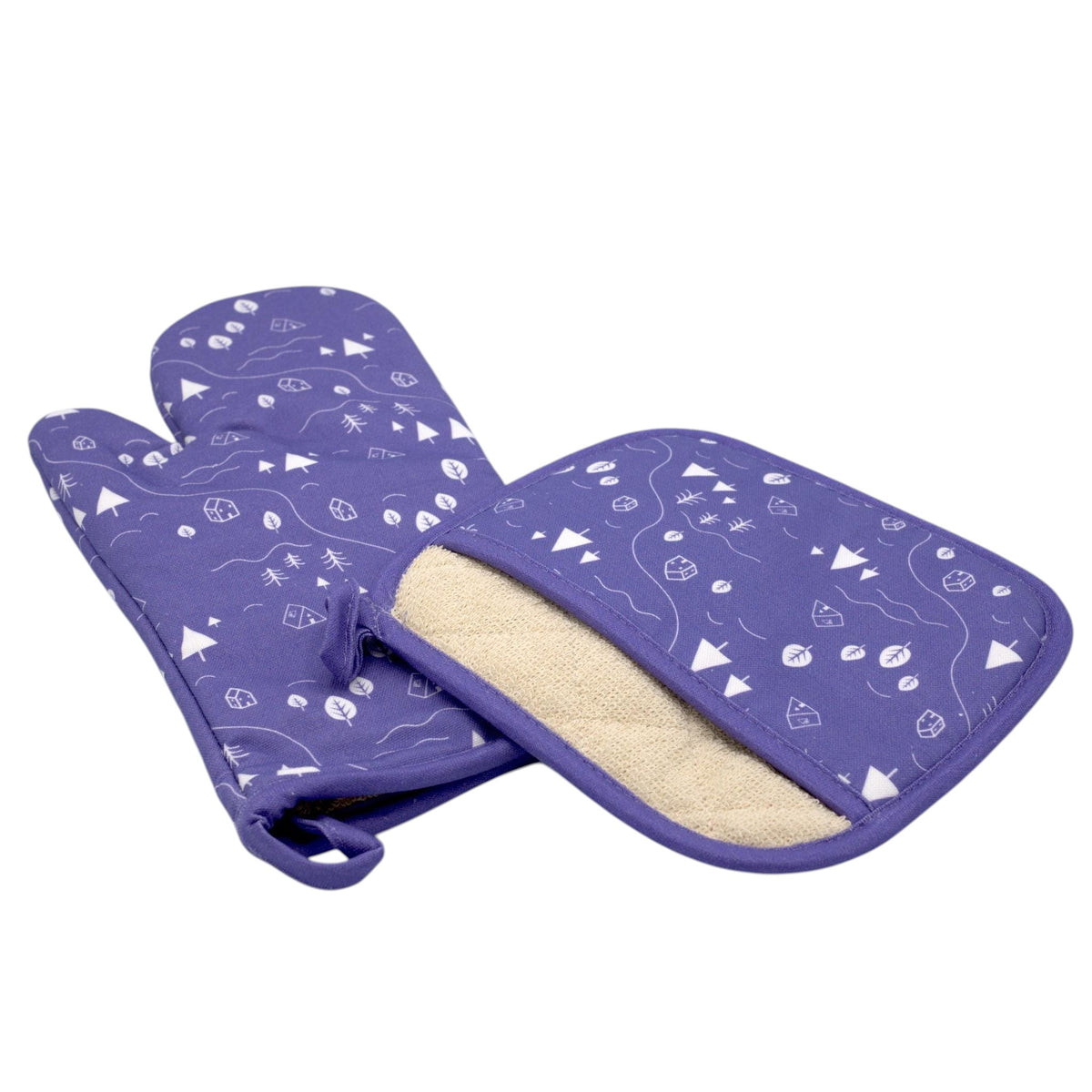Hem And Tassel purple cotton oven mitt and pot holder set with white countryside and camping motif print