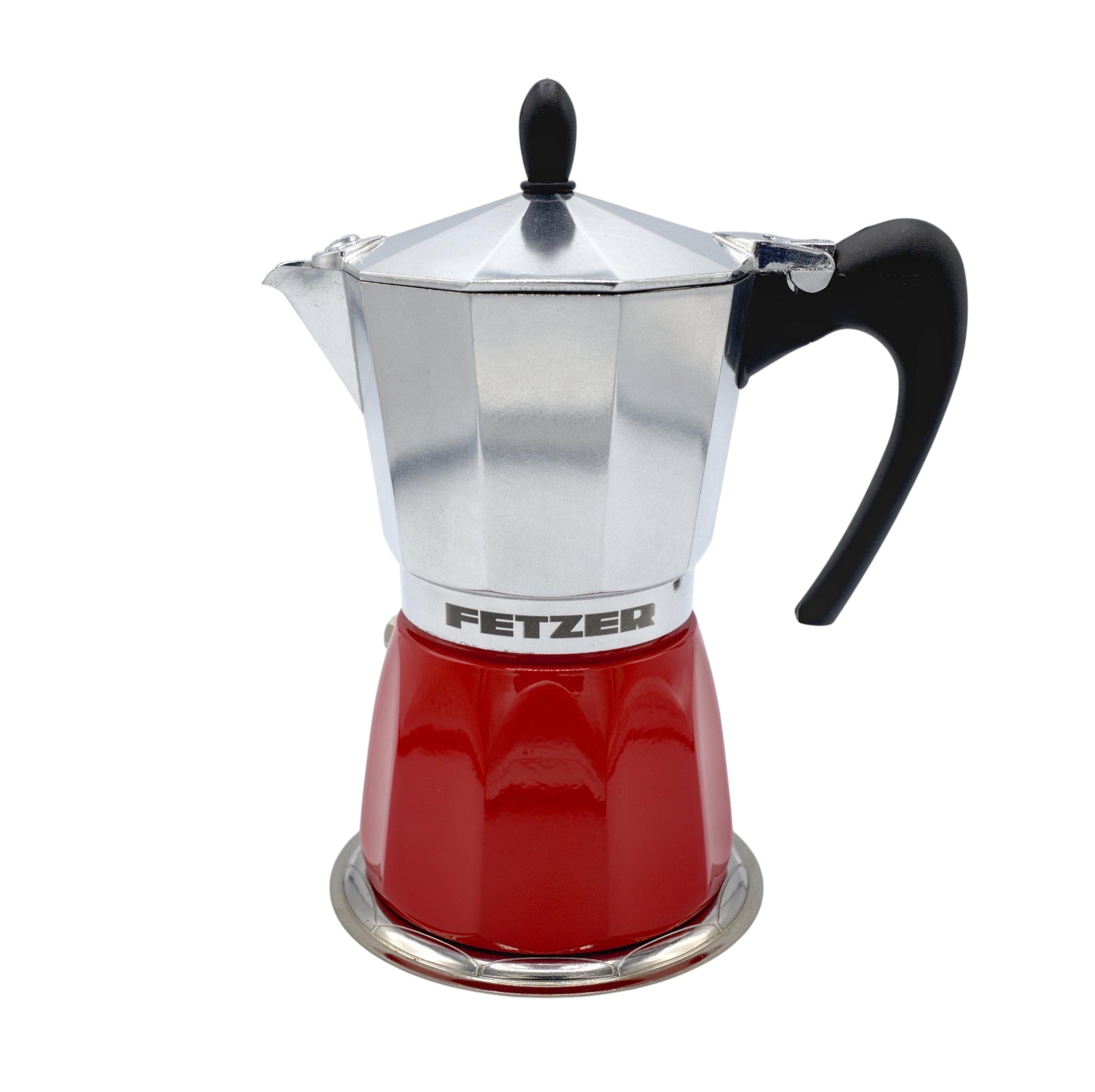 Hem And Tassel induction-ready red and silver 6-cup moka pot for espresso brewing on modern stovetops