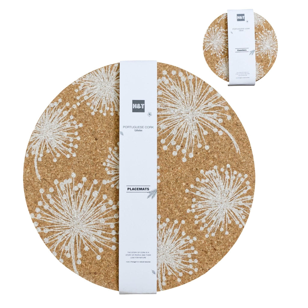 Hem And Tassel round natural cork placemats with white dandelion-style marine prints, crafted in Portugal.