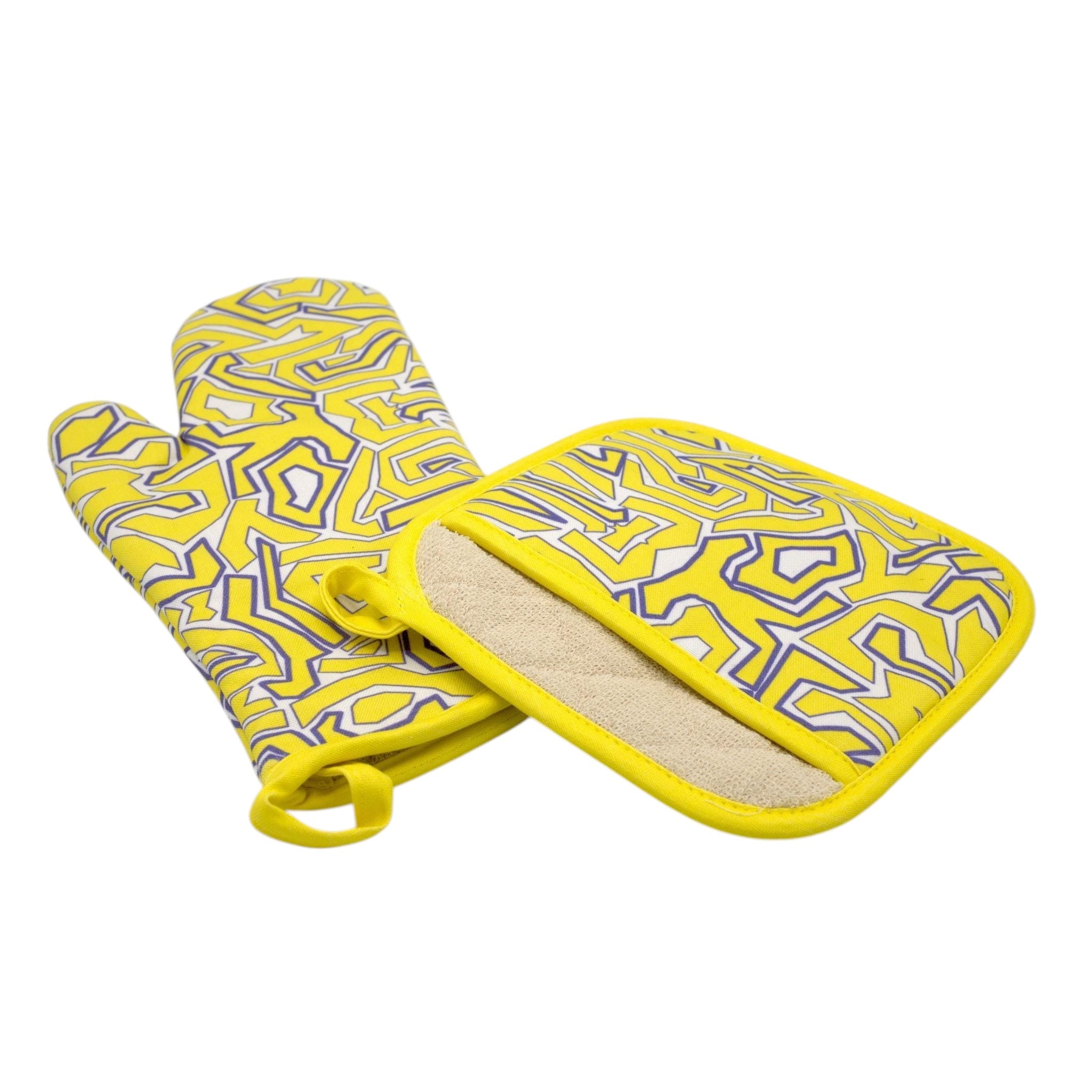 Hem And Tassel Squiggles oven mitt and pot holder set in yellow and purple maze print cotton with quilted lining
