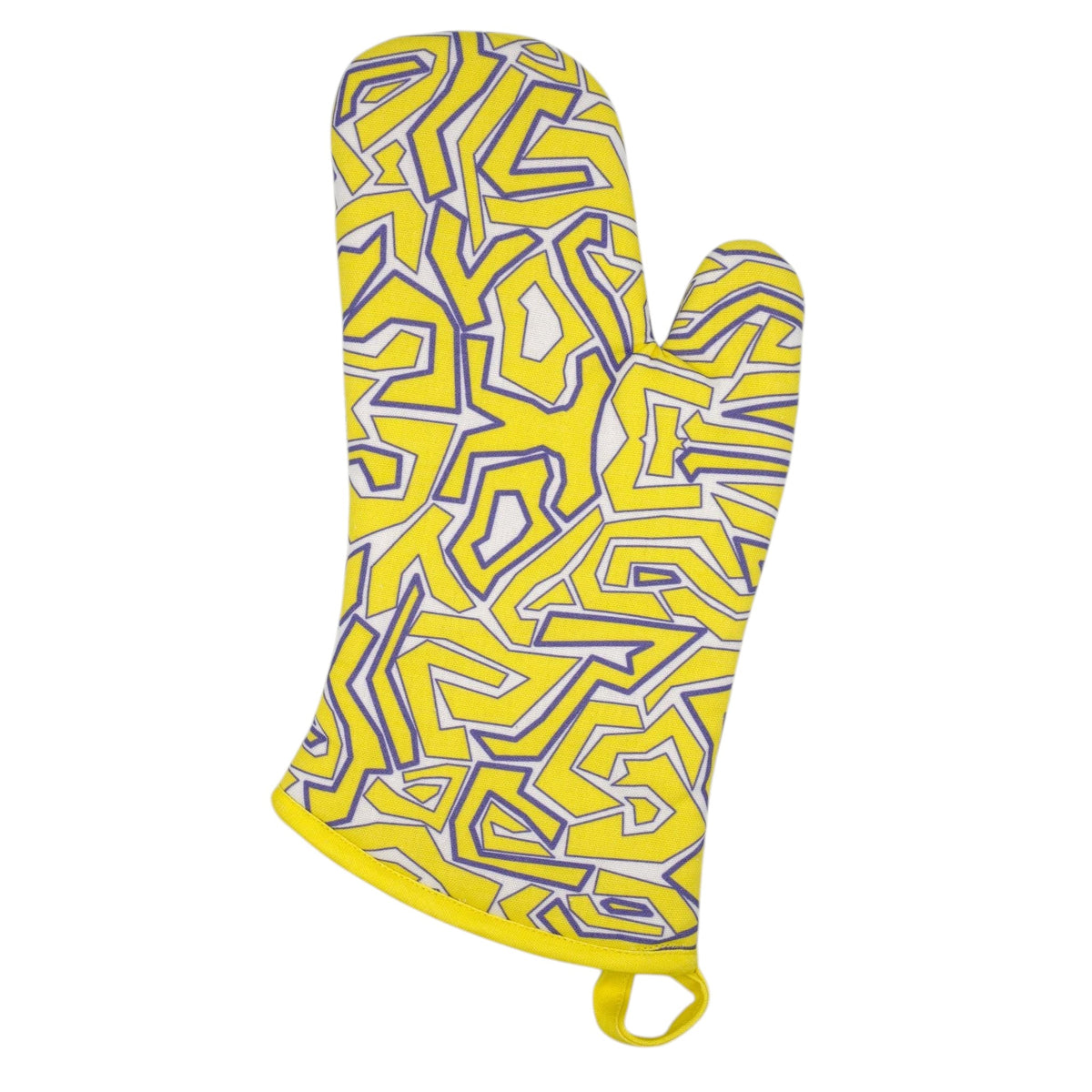 Hem And Tassel Squiggles oven mitt in yellow and purple maze print made from durable quilted natural cotton