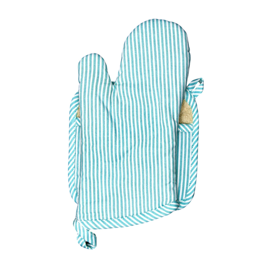 Hem And Tassel cotton oven mitt and pot holder set featuring a blue and white banker stripe pattern