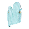 Hem And Tassel cotton oven mitt and pot holder set featuring a blue and white banker stripe pattern
