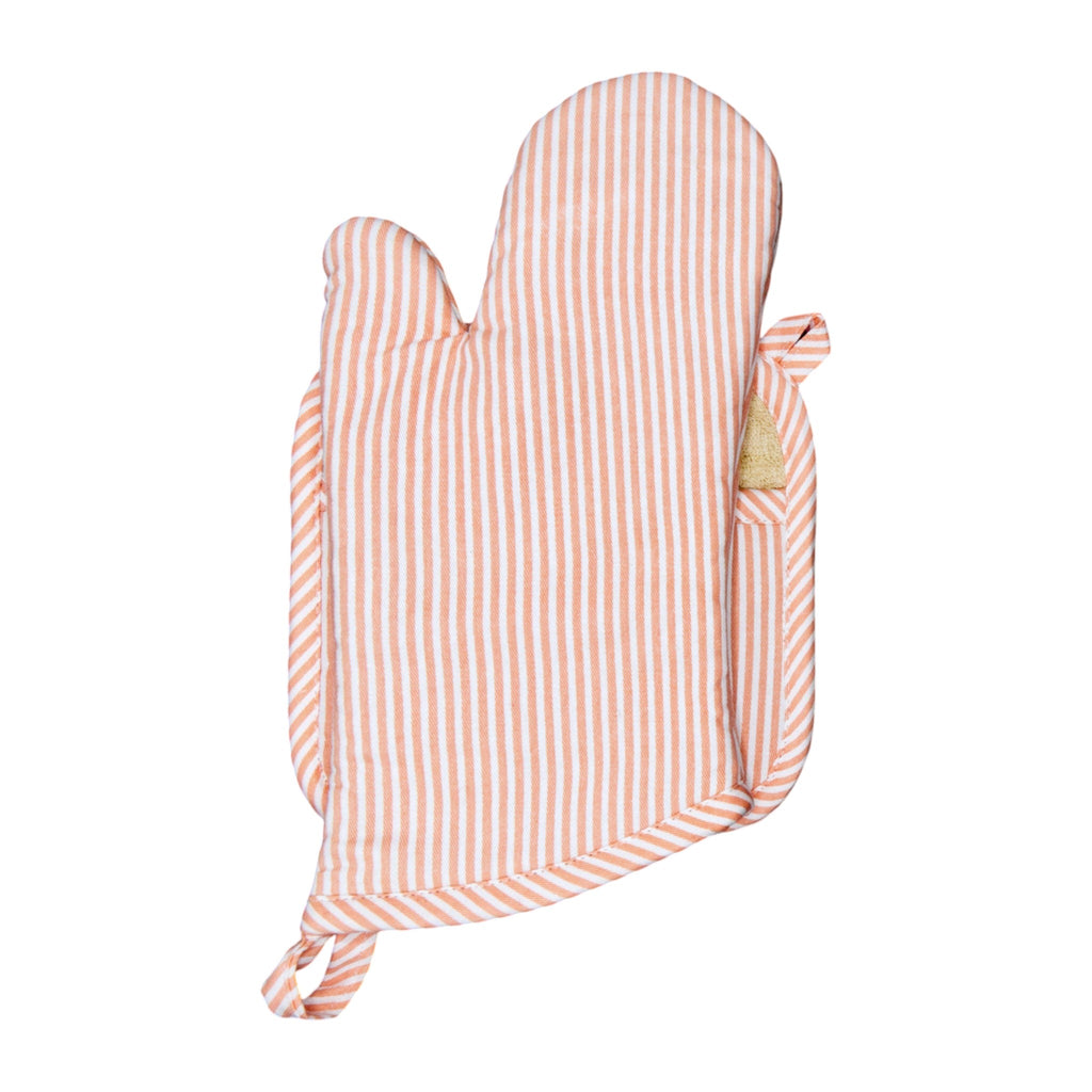 Hem And Tassel oven mitt and pot holder set in peach and white banker stripes made from 100% cotton