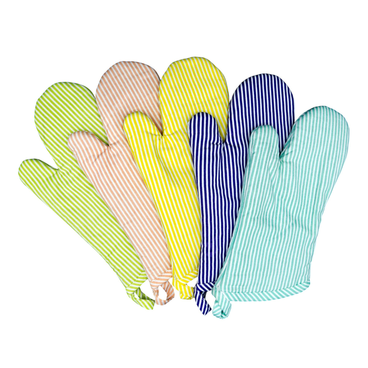 Hem And Tassel cotton oven mitts featuring a variety of colourful banker stripe patterns on a black background.