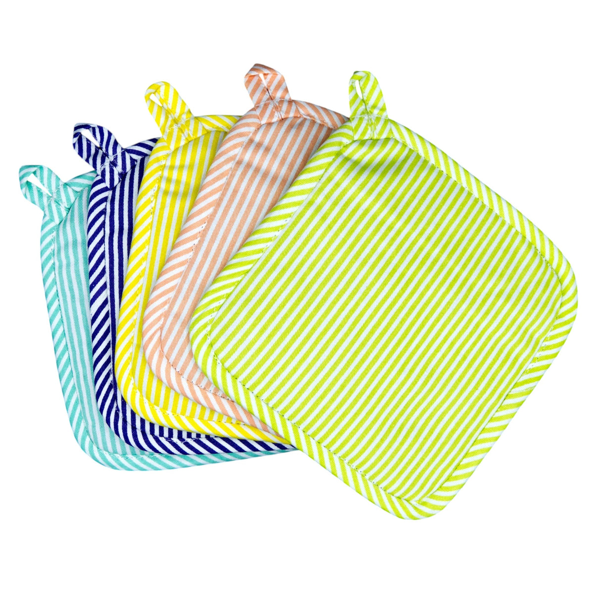 Hem And Tassel cotton pot holders featuring a multi-colored banker stripe pattern on a black background.