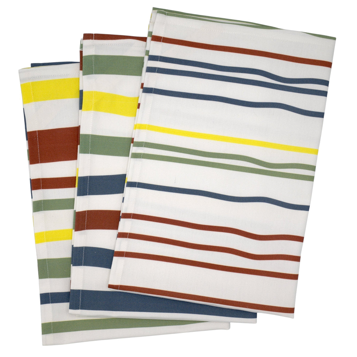 Hem And Tassel Different Strokes cotton towels featuring wavy multi-colored stripes in yellow, green, and brown.